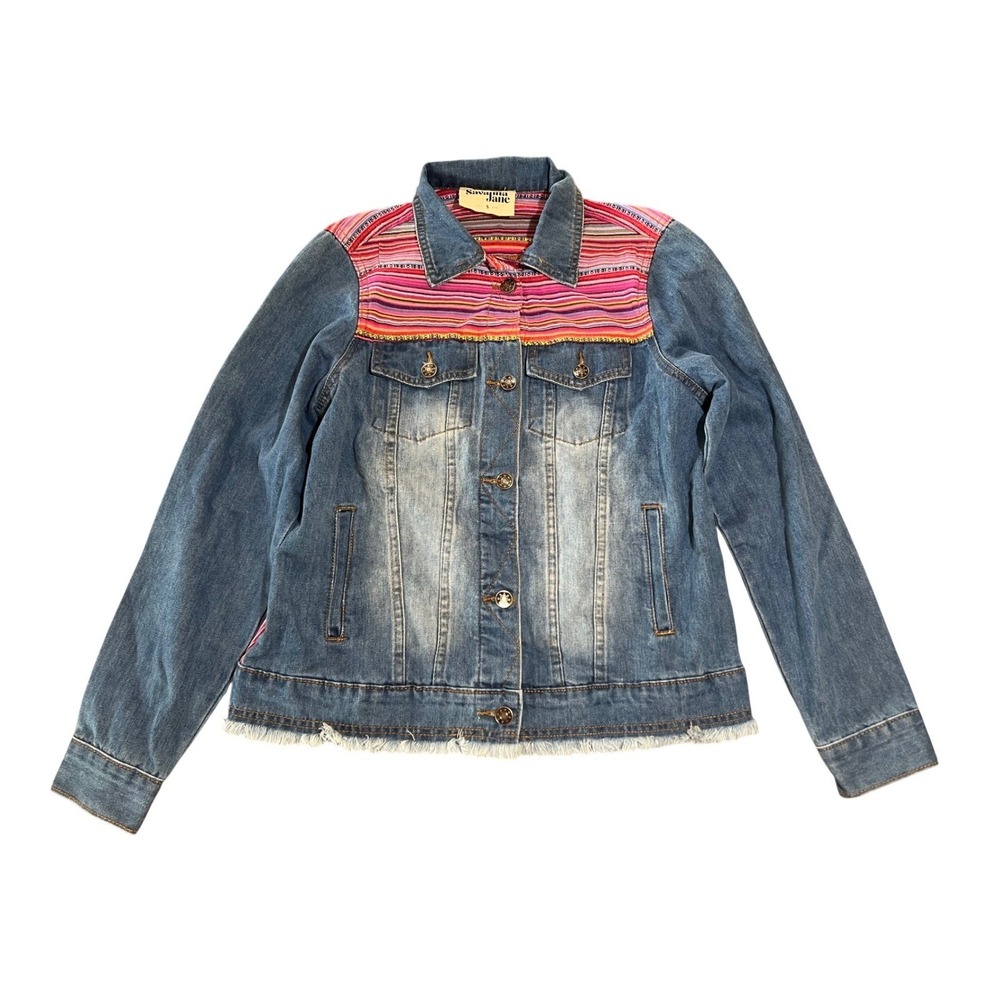 Savanna Jane Womens S Denim Jacket Southwestern Stripe Embroidered boho cowgirl